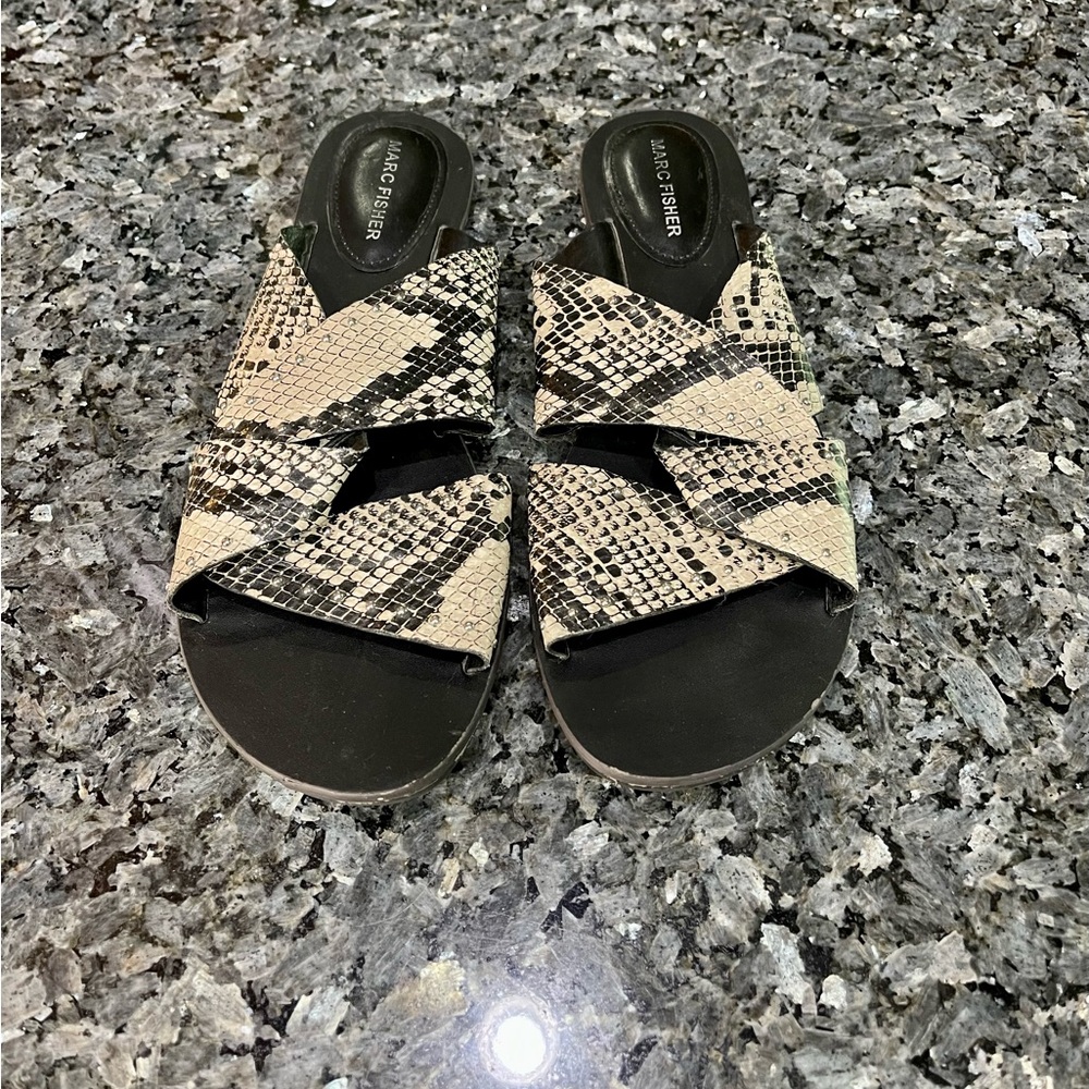 Marc Fisher Studded Sandals Black & Cream Snake Print  Size 10